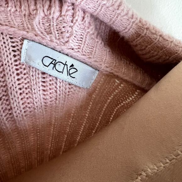 Cache Wool Blend Cardigan S/M Women Pink Angora Tie Front Ruffle Chunky Rib Knit - Picture 5 of 9
